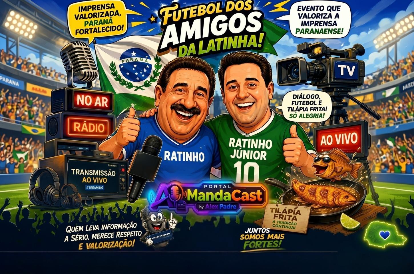 Portal Mandacast marca presença no Futebol dos Amigos da Latinha com Ratinho Júnior e destaca: “Evento que valoriza a imprensa paranaense”