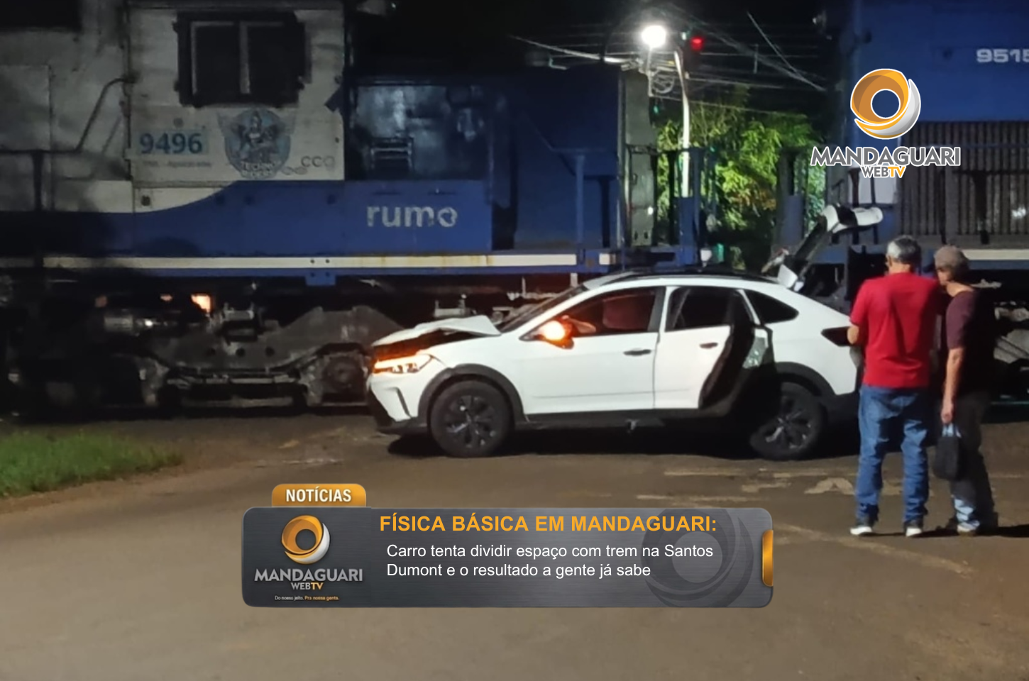 Física básica em Mandaguari: Carro tenta dividir espaço com trem na Santos Dumont e o resultado a gente já sabe