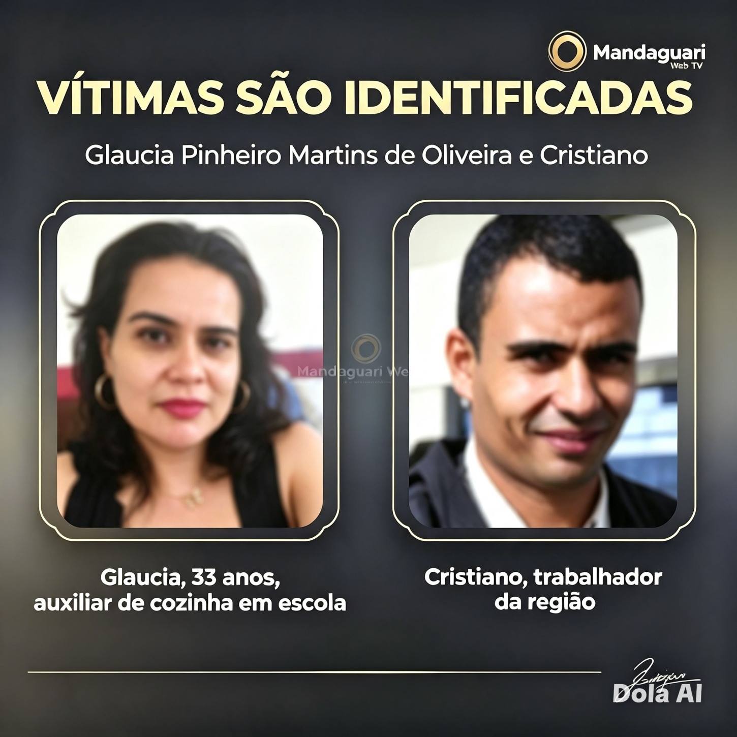  VÍTIMAS SÃO IDENTIFICADAS: GLAUCIA PINHEIRO MARTINS DE OLIVEIRA E CRISTIAN Glaucia Pinheiro Martins de Oliveira, 33 anos — auxiliar de cozinha em escola Cristiano, trabalhador da Cooperval