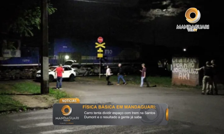 Física básica em Mandaguari: Carro tenta dividir espaço com trem na Santos Dumont e o resultado a gente já sabe
